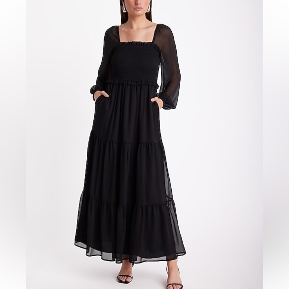 Black Smocked Bodice Long Sleeve Maxi Dress